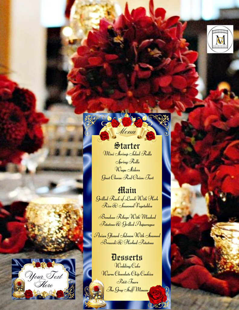 Beauty and the beast birthday party bridal editable menu download