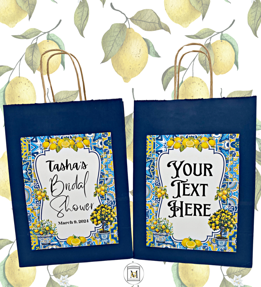 Blue and Yellow Lemon Mediterranean Party Gift Bag Label