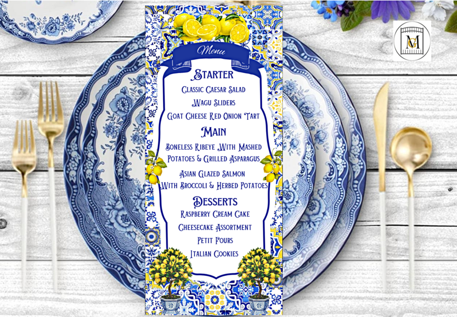 Blue and Yellow Lemon Mediterranean Party Menu